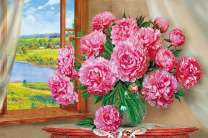 Пионы на окне в летний день