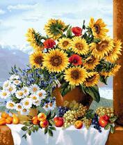 Букет подсолнухов, ромашек и фрукты