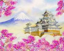 Замок на фоне горы Фуджи и цветов сакуры