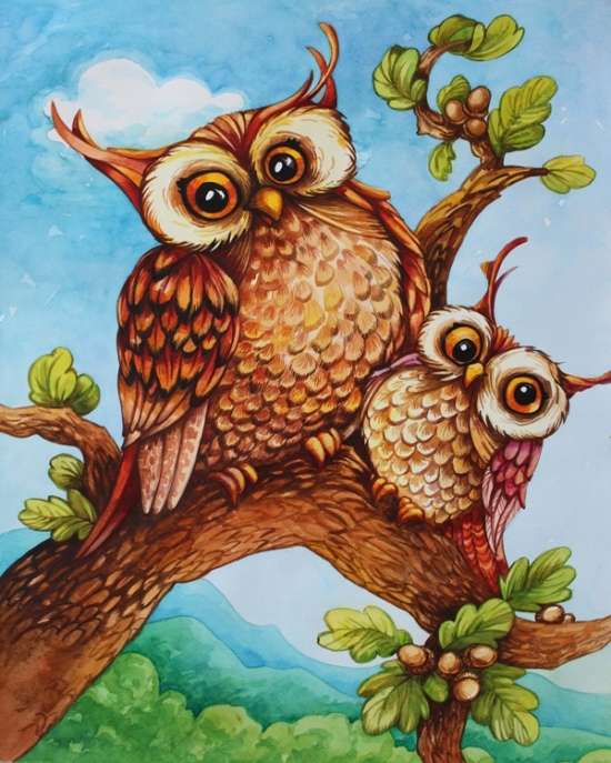 Картина по номерам 40x50 Совёнок с совой на ветке