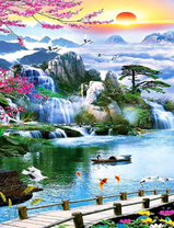 Японский пейзаж с водопадами и заходящем солнцем