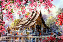 Красивый храм и цветущие сакуры