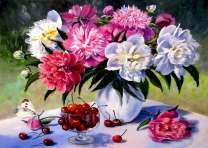 Натюрморт с пионами, вишнями и бабочками