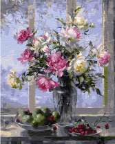 Букет пионов, груши и вишни