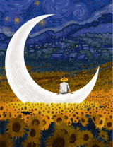 Мужчина на месяце среди поля подсолнухов