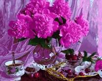 Букет пионов, черешня и кофе