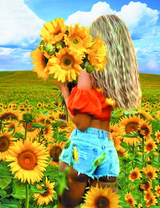 Девушка в коротких шортах среди подсолнухов