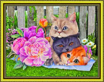 Три кота в саду с пионами