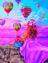 Девушка с пионами на фоне моря и воздушных шаров