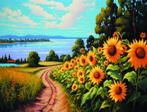 Поле подсолнухов с видом на большую реку