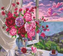 Букет из роз и сакуры на подоконнике