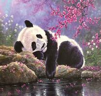 Медведь панда спит под цветущей сакурой