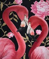 Два ярких фламинго на фоне пионов