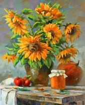 Яблоки, мед и кувшин с подсолнухами