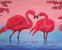 Фламинго в воде и цветущая сакура