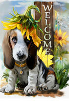 Бассет-хаунд под подсолнухом