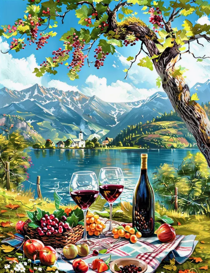 Алмазная мозаика 40x50 Винный натюрморт с бокалами, бутылкой вина, фруктами и ягодами