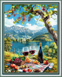 Алмазная мозаика 40x50 Винный натюрморт с бокалами, бутылкой вина, фруктами и ягодами