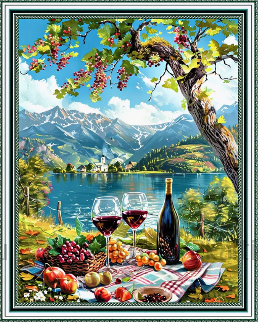 Алмазная мозаика 40x50 Винный натюрморт с бокалами, бутылкой вина, фруктами и ягодами