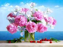 Пионы и черешни на фоне моря