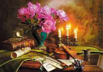 Букет пионов на столе со скрипкой