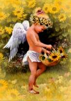 Маленький ангелок с корзинкой цветов