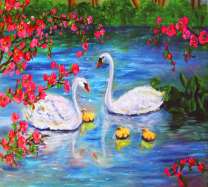 Лебеди с малышами под сакурой