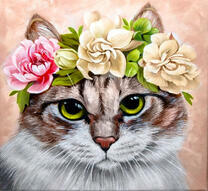 Милая кошечка с тремя пионами